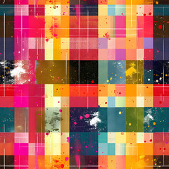 Wall Mural - Seamless pattern with colorful squares, grunge texture and geometric shapes