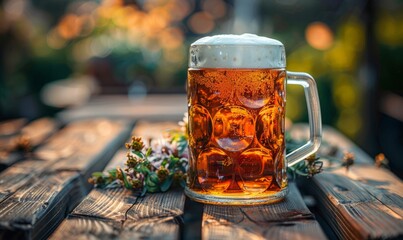 Wall Mural - A stein of frothy beer on a rustic wooden table at the Oktoberfest festival.