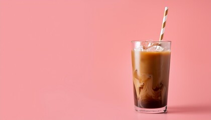 Wall Mural - summer drink background copy space glass of sweet creamy iced coffee espresso coffee with milk with straw isolated on pink background