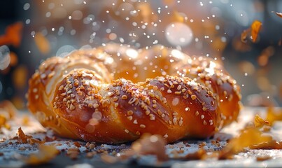 Wall Mural - Close-up of a delicious Bavarian pretzel with a crispy golden crust at the Oktoberfest festival.