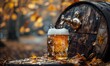 © peppastocker - A beer barrel with a tap, frothy beer spilling out at the Oktoberfest festival.