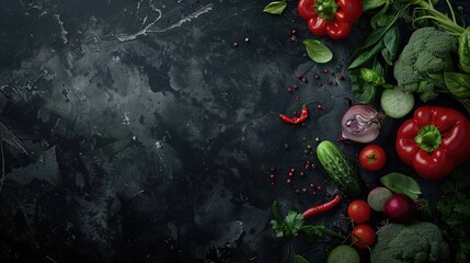 Wall Mural - An assortment of fresh vegetables on a dark background, providing ample space for text or design elements.