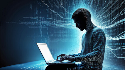 Creative cyberspace, silhouette man with laptop and Digital code around, binary streams depicting data flow and cyber security concept, abstract technology background.