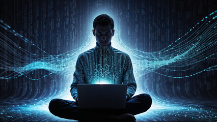 Creative cyberspace, silhouette man with laptop and Digital code around, binary streams depicting data flow and cyber security concept, abstract technology background.
