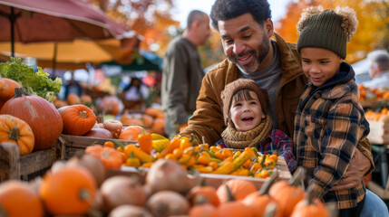 Father with Two Children Shopping at a Farmers Market in Autumn: Fresh Produce and Family Bonding. Generative ai