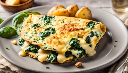 Wall Mural - Homemade Spinach Florentine Omelet with Cheese and Potatoes
