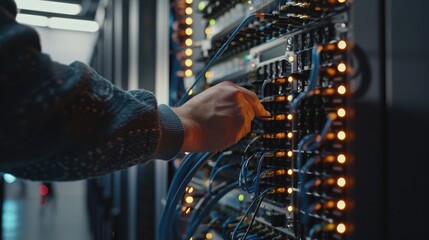 Close-Up Shot of Technician Connecting Cable in Server Rack at Data Center