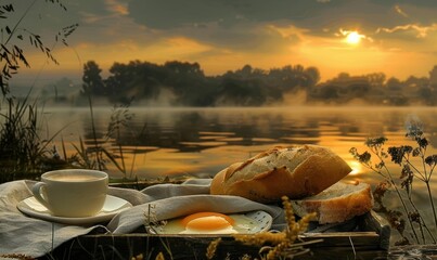 Breakfast by a Serene Lake with Beautiful Sunrise Colors