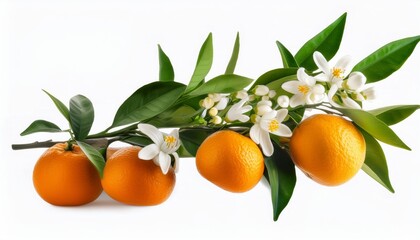 a branch of an orange or tangerine tree with fruits and flowers isolated on a white background