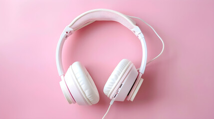 Wall Mural - Stylish white headphones on a soft pink background with a slight vintage feel, v6 styl007940.