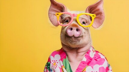 Wall Mural - Pig in Sunglasses and Hawaiian Shirt