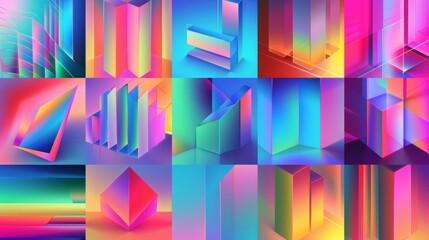 Abstract gradient poster background vector set. Minimalist style cover template with vibrant perspective 3d geometric prism shapes collection. Ideal design for social media, cover, banner, flyer. --