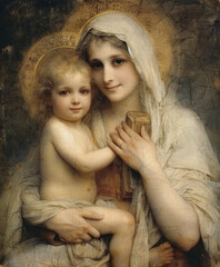 Wall Mural - Virgin Mary with baby Jesus. AI generative.