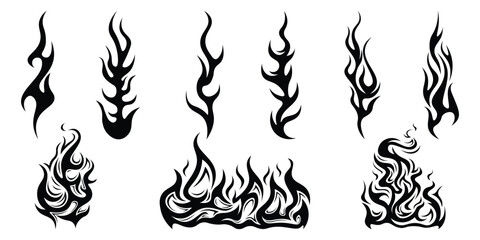 Silhouette Fire flames. Old school tattoo neo-tribal style or silhouette flame for cars. set vector icons. Fire sign. Fire flame icon isolated on white background. Vector illustration