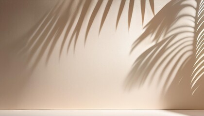 Poster - product placement backdrop palm silhouette on plain background modern minimalistic style soft beige tones with plant shadow product display backdrop or wall