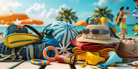 Summer Send-Off Sale: An image depicting travel essentials, outdoor gear, and beachwear arranged in a vacation-themed setting