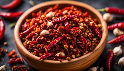 Wall Mural - Homemade Spicy Red Asian Chili Crunch Spice with Oil and Garlic
