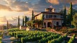 © Suwanlee - Beautiful Tuscan villa surrounded by lush vineyards at sunset, capturing the essence of rustic Italian charm and serene countryside living.