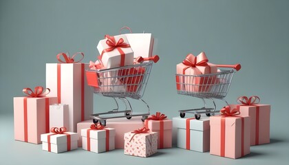 Wall Mural - 3d rendering of promotion sale with gift boxes , Shopping cart , coupon and Shopping bag on minimal background.