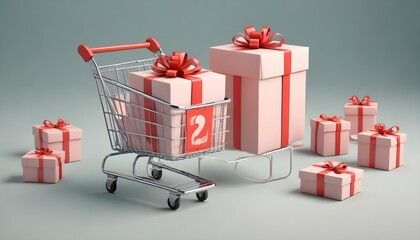 Wall Mural - 3d rendering of promotion sale with gift boxes , Shopping cart , coupon and Shopping bag on minimal background.