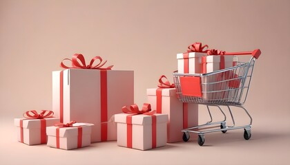 Wall Mural - 3d rendering of promotion sale with gift boxes , Shopping cart , coupon and Shopping bag on minimal background.