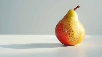 A beautiful, ripe pear sits on a white table. The pear is yellow and red, with a smooth, shiny skin.