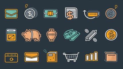 Wall Mural - Money, budget, savings, loan, cash, earning, income, wallet, currency, dollar, card, coin, revenue, piggy bank, and profit icon set. Finance business thin line icon collection 