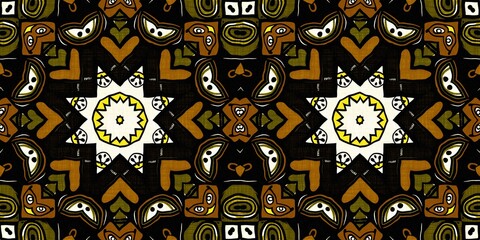 Wall Mural - Modern tribal shape mud cloth border effect seamless pattern. Stylized shape doodle in khaki brown color background design of printed patterned banner edge trim fabric repeat.