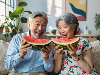 Canvas Print - An older couple holding up slices of watermelon on a couch, AI