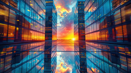 Wall Mural - A city skyline with a beautiful sunset in the background. The buildings are tall and reflective, creating a sense of depth and grandeur. The sky is filled with vibrant colors, adding a touch of warmth