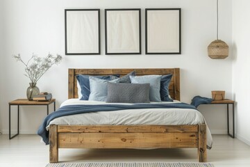 Rustic wooden bed with blue pillows and two bedside cabinets against white wall with three posters frames. Farmhouse interior design of modern bedroom.