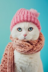 Wall Mural - A white cat wearing a pink hat and a pink scarf. The cat has blue eyes and is looking at the camera