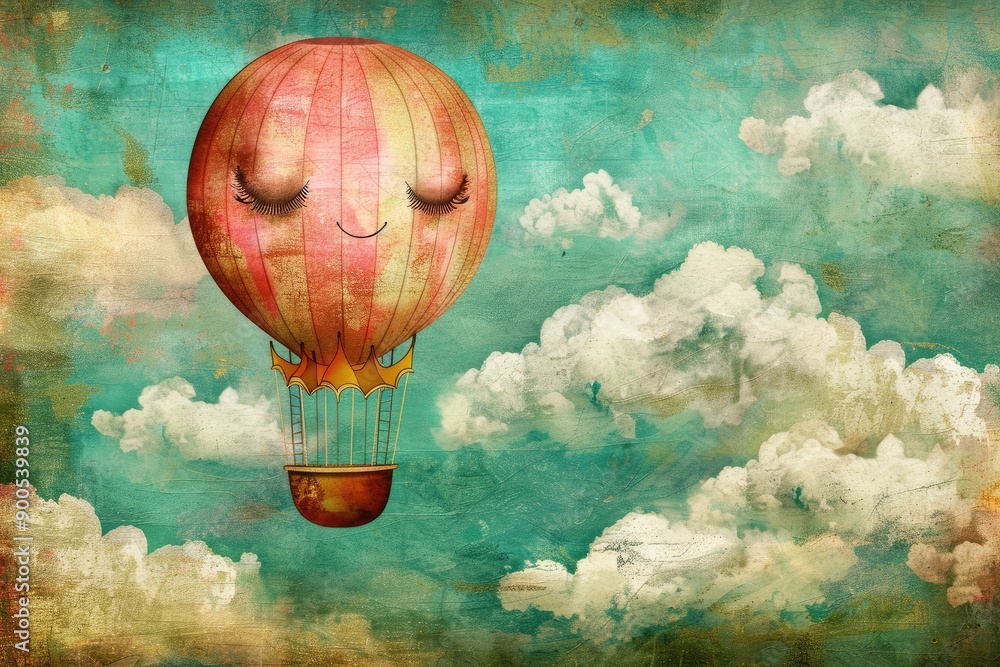 Whimsical illustration of a hot air balloon with a smiling face ...