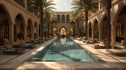 Serene Oasis A Long, Rectangular Swimming Pool Nestled Within a Spacious Courtyard, Surrounded by Lush Palm Trees and Comfortable Loungers, With Arched Architectural Elements