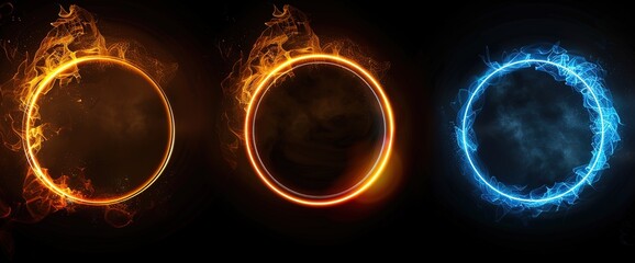 Wall Mural - Three circles of orange and blue fire on a black background