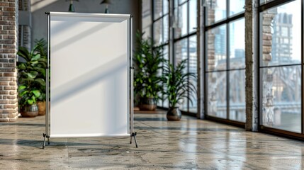 Wall Mural - Blank Roll Up Banner Stand in Modern Loft Interior with Large Windows