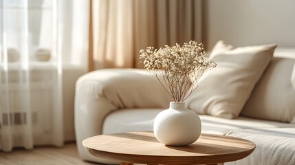 Wall Mural - Cozy living room interior, round wooden coffee table, white ceramic vase with dried flowers, beige sofa with cushions, soft natural lighting, minimalist Scandinavian design.