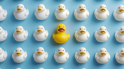 white rubber ducks, with a single yellow rubber duck placed show differentiation in marketing world