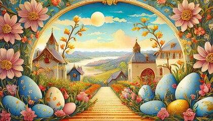 Wall Mural - easter eggs and flowers