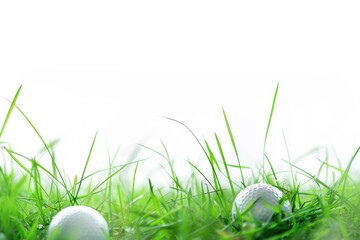 Wall Mural - A pair of golf balls situated on a vibrant green grass, ideal for golf courses or sport-related themes