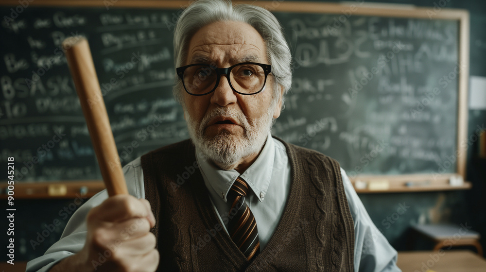 An angry elderly professor with grey hair and glasses, wielding a ...