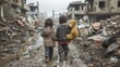 © Tanakorn - Two Children Walk Through War-Torn City Holding Hands, One Carrying a Teddy Bear