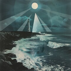 Wall Mural - Contemporary Art Collage of Lighthouse Illuminating Dark Waters

