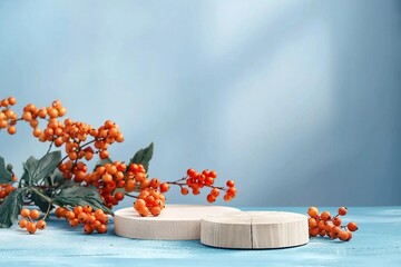 Wall Mural - Wooden cylindrical podiums on blue background with branches of ripe rowan. Podium, presentation display with copy space