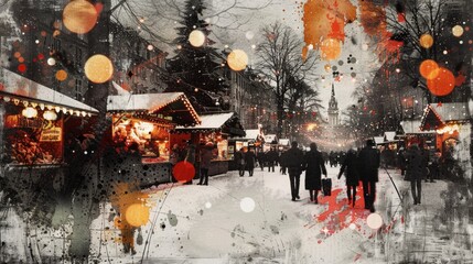 Wall Mural - Contemporary Art Collage of Snowy Christmas Market

