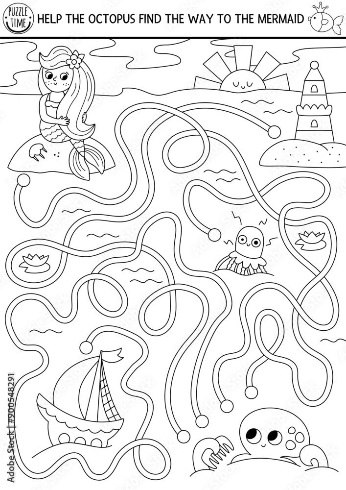 Mermaid black and white maze for kids with lagoon landscape. Marine ...