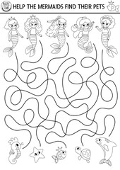 Wall Mural - Mermaid black and white maze for kids with their pet animals. Marine line printable activity. Fairytale ocean kingdom labyrinth game, coloring page. Water life worksheet with sea princess, dolphin