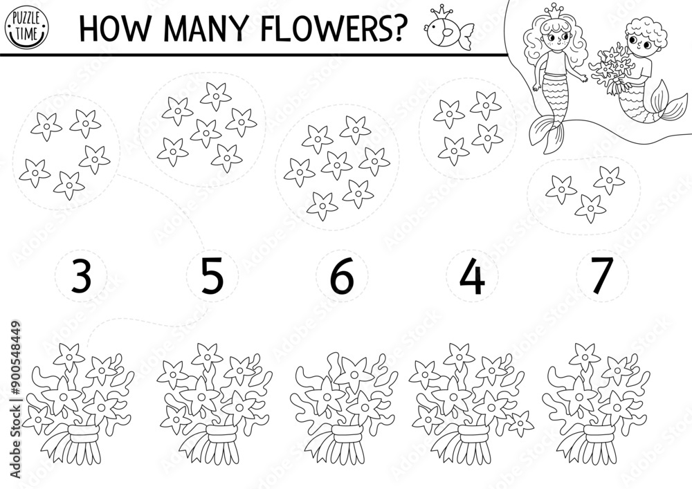 Match the numbers black and white mermaid game with merman, seaweed ...
