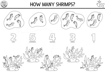 Wall Mural - Match the numbers mermaid black and white game with shrimps in seaweeds. Ocean kingdom math activity or coloring page. Marine line educational counting worksheet with sea animals