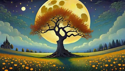 Wall Mural - landscape with moon and tree